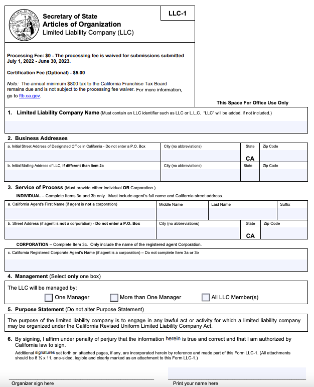 california articles of organization example